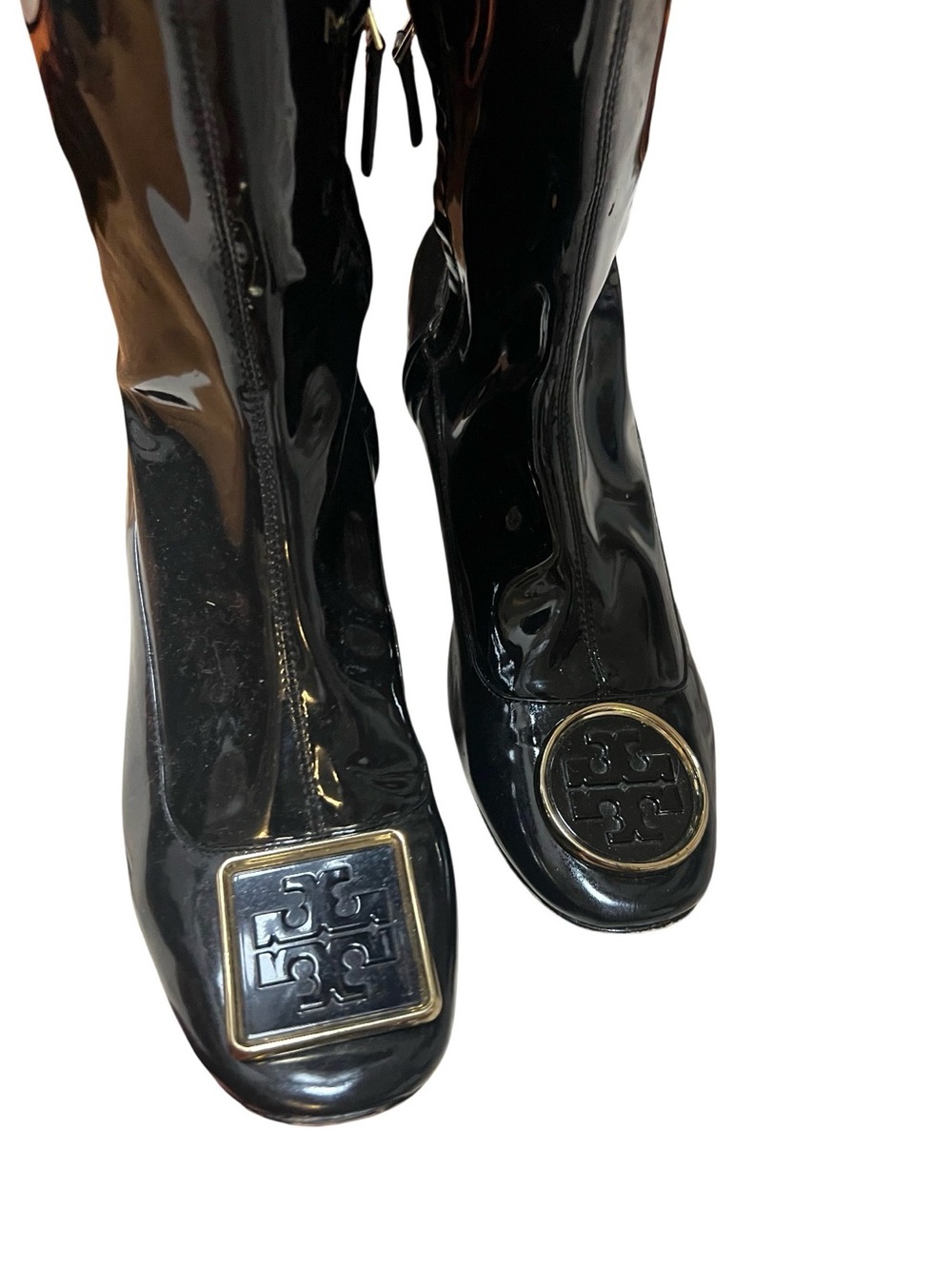 Tory Burch Patent Black Knee-High Boots with Logo Medallions - Picture 2 of 9